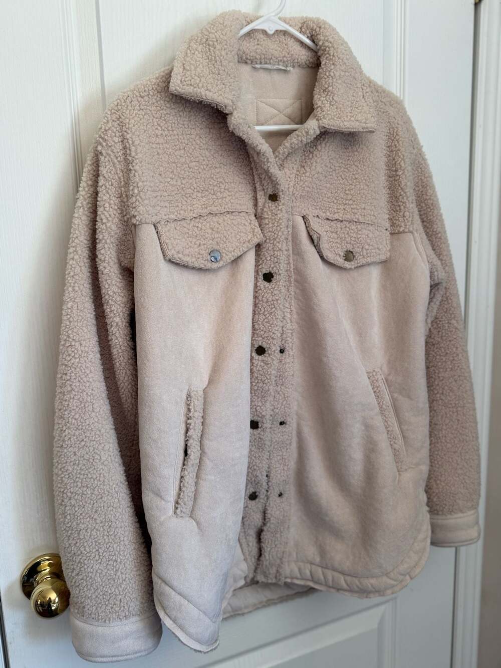 12th Tribe Sherpa Suede Faux Fur Button Down Shacket Jacket Cream Small - Picture 3 of 10